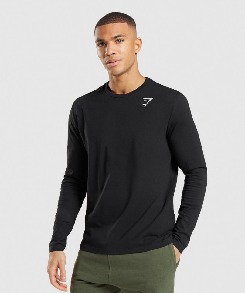 Men\'s Gymshark Crest Long Sleeve T-Shirts Black | CA 05618A